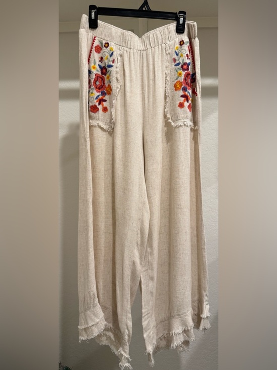 Umgee Pants - Umgee Cream Wide-Leg Pants with Embroidered Floral Pockets